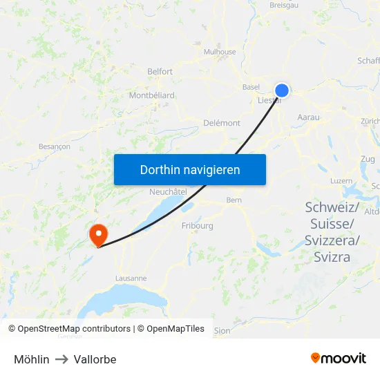 Möhlin to Vallorbe map