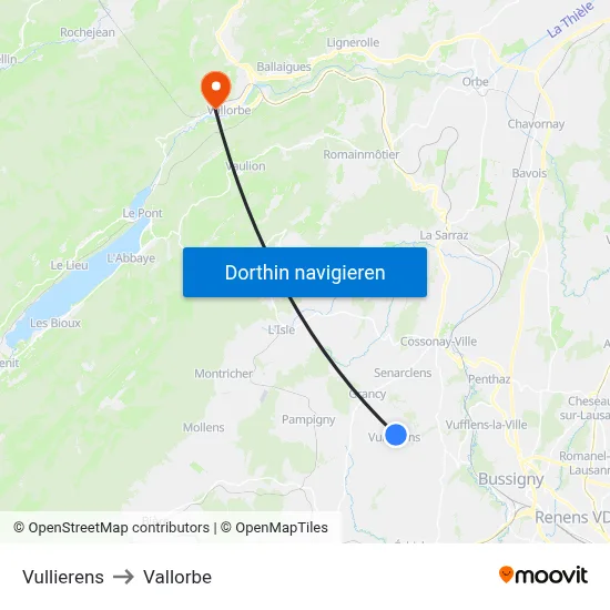 Vullierens to Vallorbe map