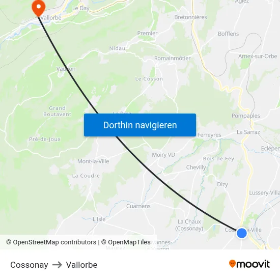 Cossonay to Vallorbe map