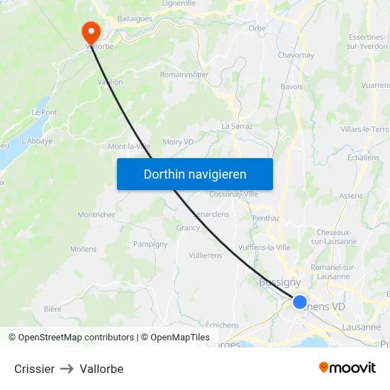 Crissier to Vallorbe map