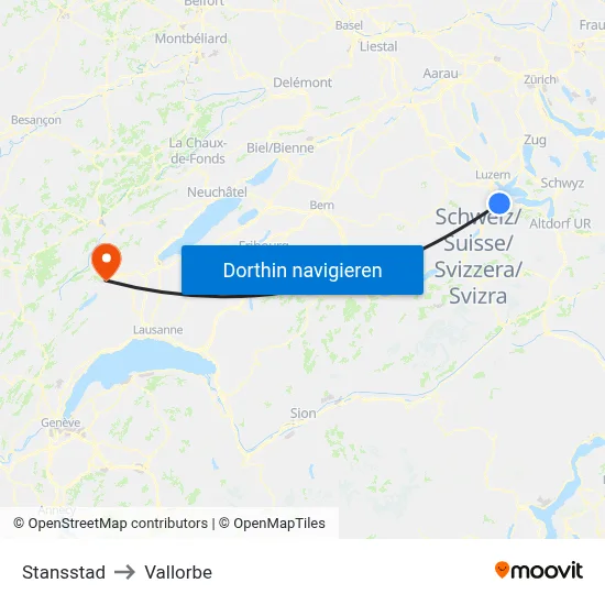 Stansstad to Vallorbe map