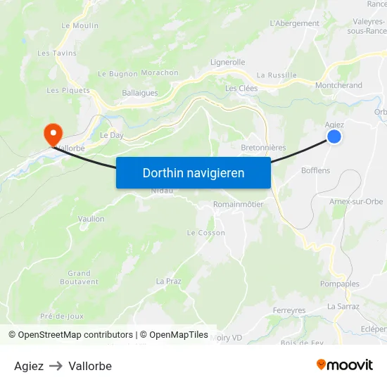Agiez to Vallorbe map