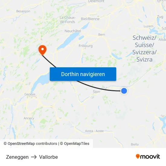 Zeneggen to Vallorbe map
