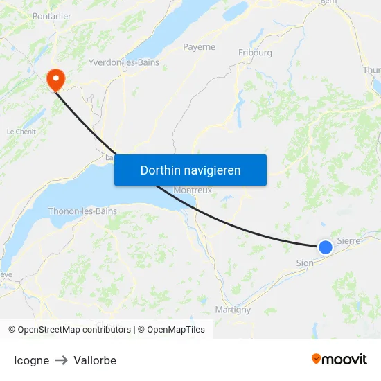 Icogne to Vallorbe map