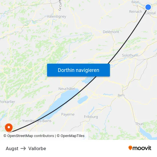 Augst to Vallorbe map