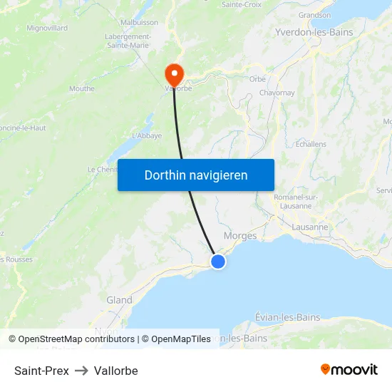 Saint-Prex to Vallorbe map