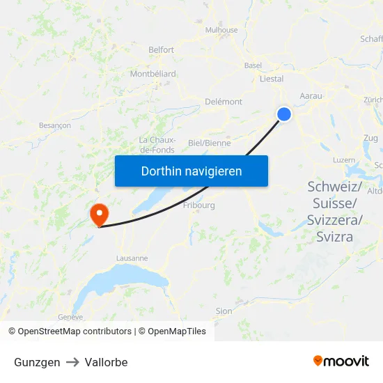 Gunzgen to Vallorbe map