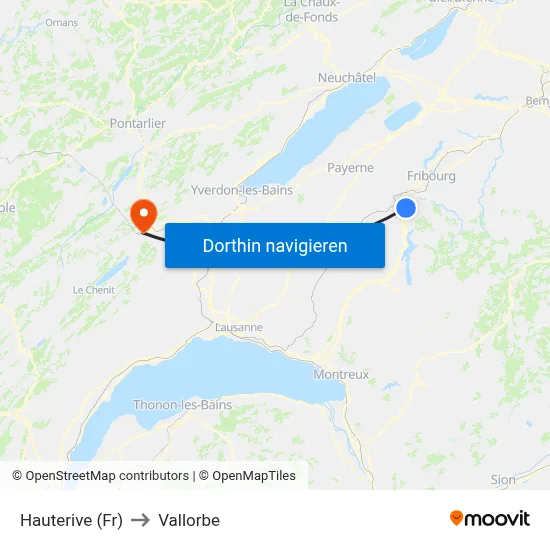 Hauterive (Fr) to Vallorbe map