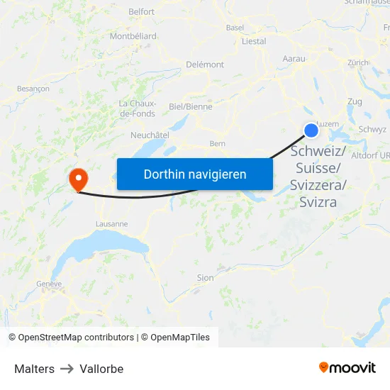 Malters to Vallorbe map