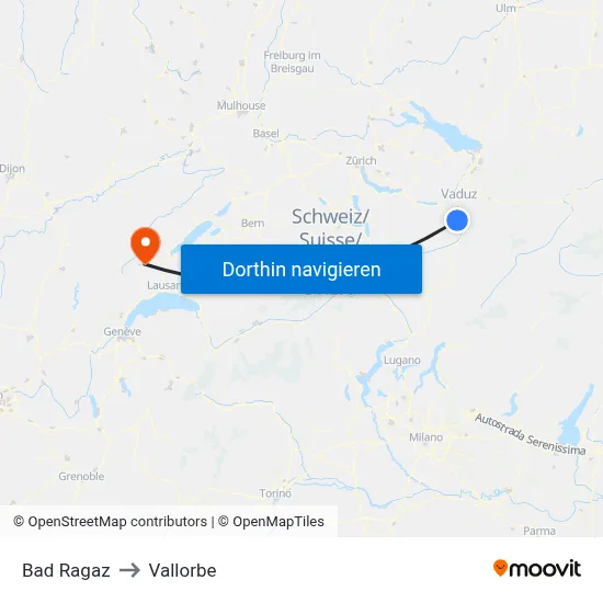 Bad Ragaz to Vallorbe map