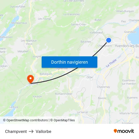 Champvent to Vallorbe map