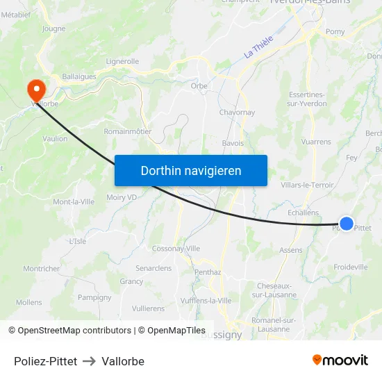 Poliez-Pittet to Vallorbe map