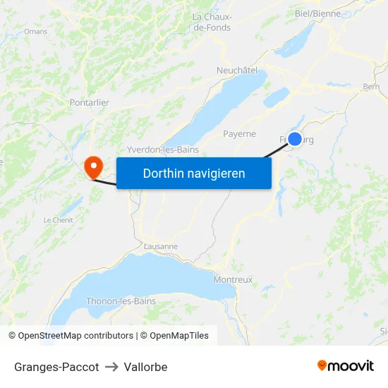 Granges-Paccot to Vallorbe map