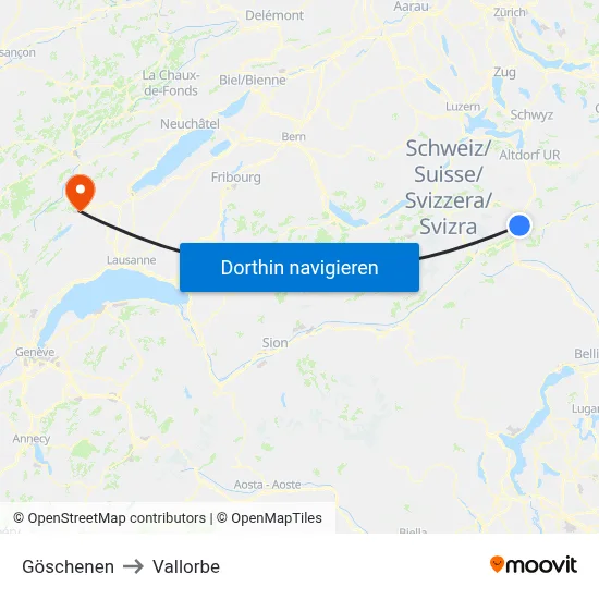 Göschenen to Vallorbe map