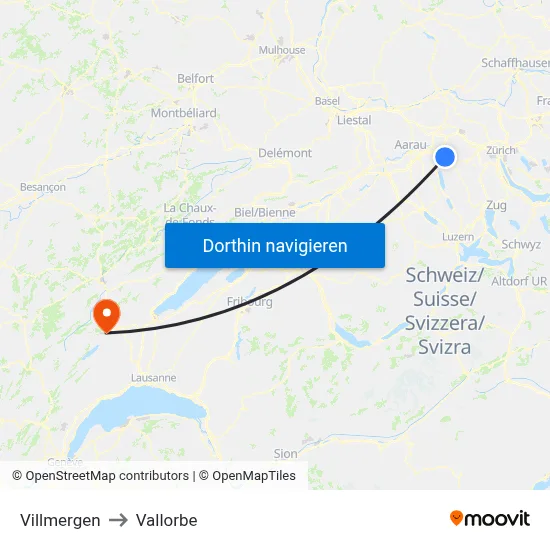 Villmergen to Vallorbe map