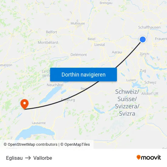 Eglisau to Vallorbe map
