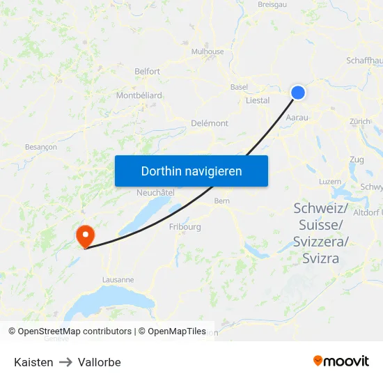 Kaisten to Vallorbe map