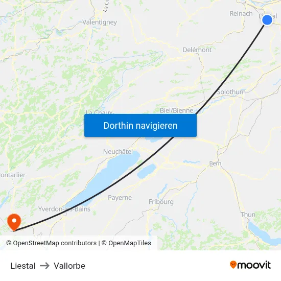 Liestal to Vallorbe map