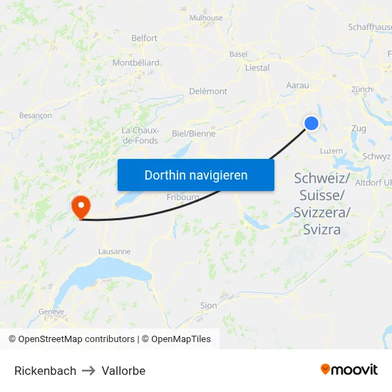 Rickenbach to Vallorbe map
