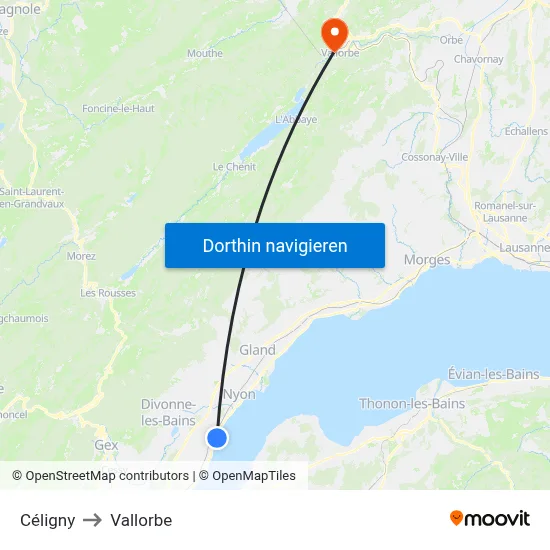 Céligny to Vallorbe map