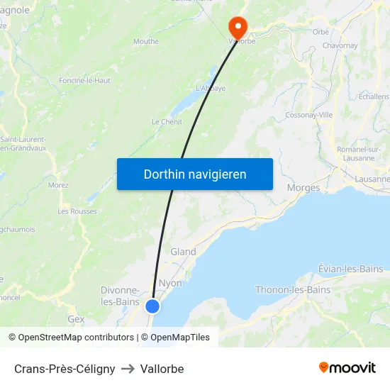 Crans-Près-Céligny to Vallorbe map