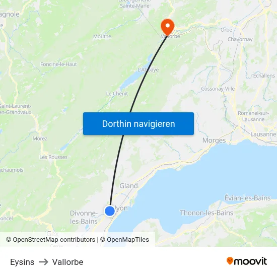 Eysins to Vallorbe map