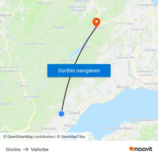 Givrins to Vallorbe map