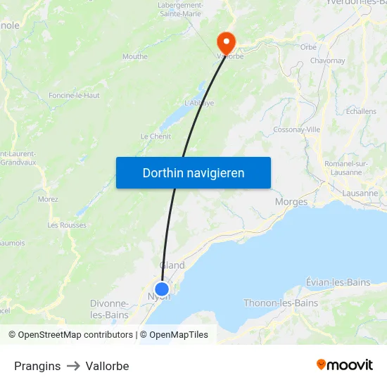 Prangins to Vallorbe map