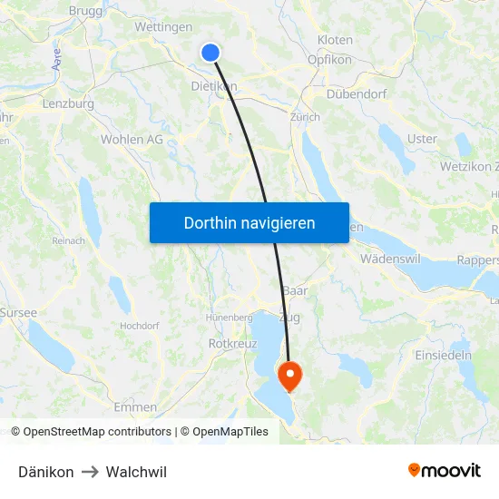 Dänikon to Walchwil map