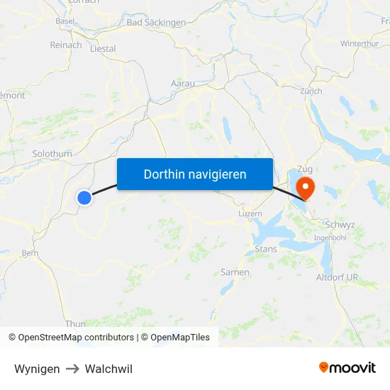 Wynigen to Walchwil map