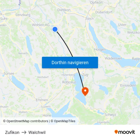 Zufikon to Walchwil map