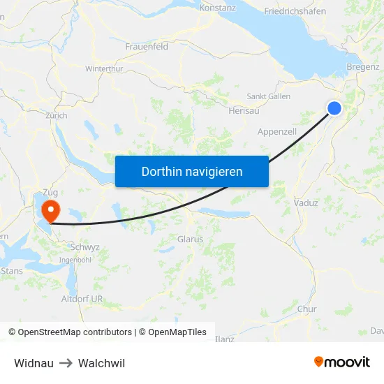 Widnau to Walchwil map