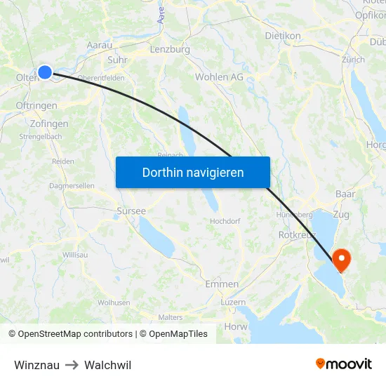 Winznau to Walchwil map