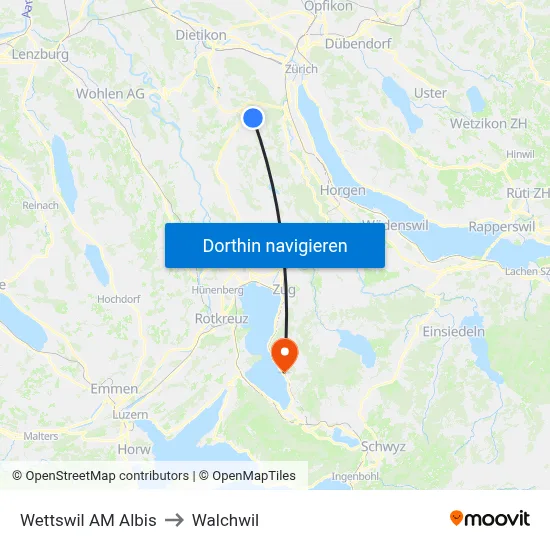Wettswil AM Albis to Walchwil map