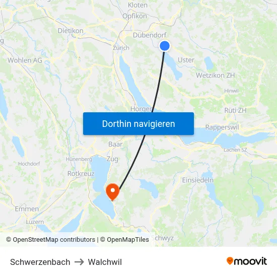 Schwerzenbach to Walchwil map