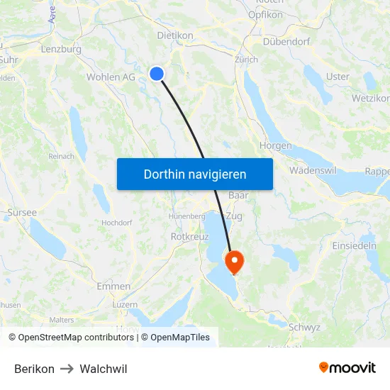 Berikon to Walchwil map