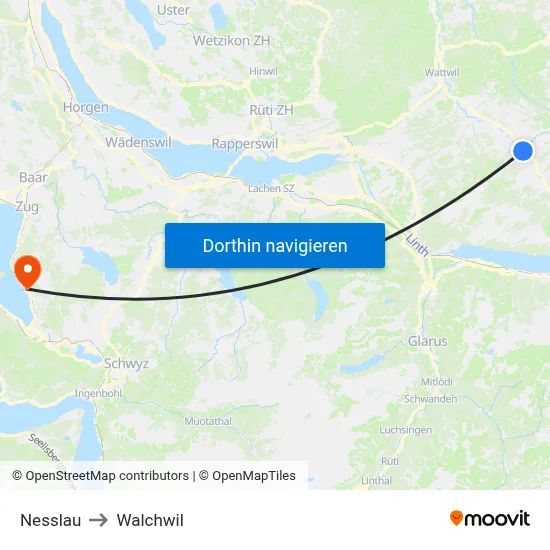 Nesslau to Walchwil map