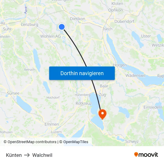 Künten to Walchwil map