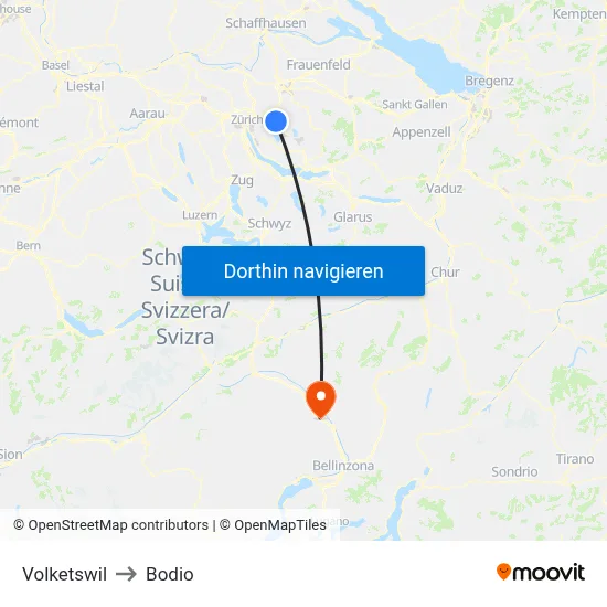 Volketswil to Bodio map