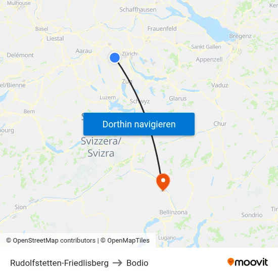Rudolfstetten-Friedlisberg to Bodio map