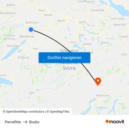 Perrefitte to Bodio map