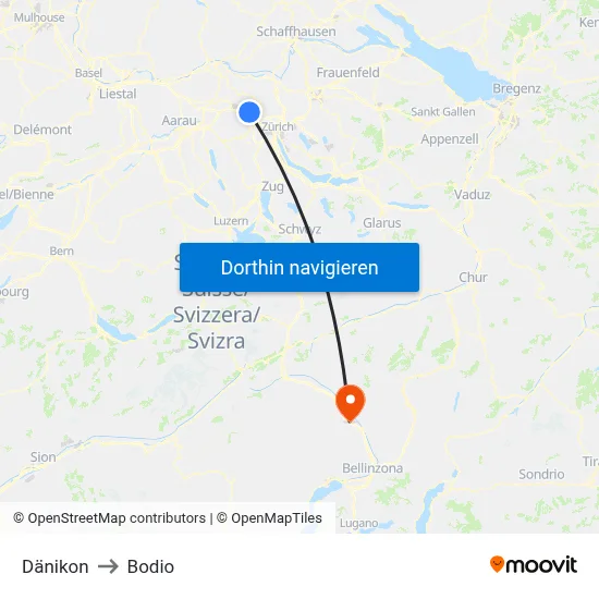 Dänikon to Bodio map