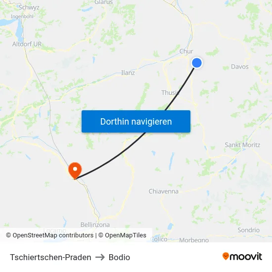 Tschiertschen-Praden to Bodio map