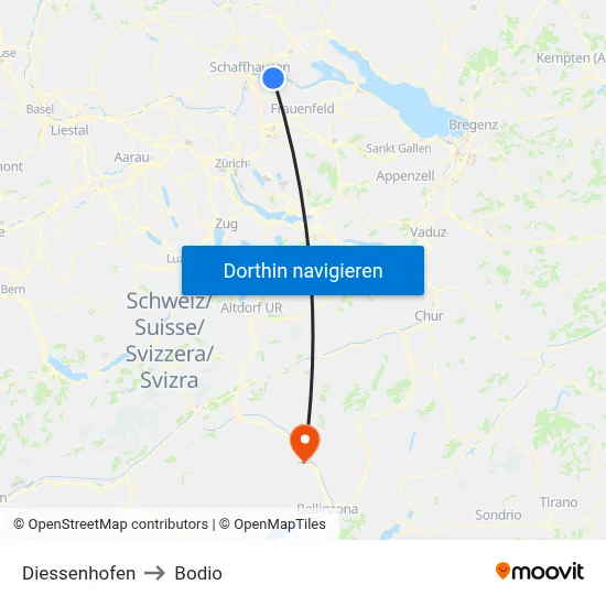 Diessenhofen to Bodio map