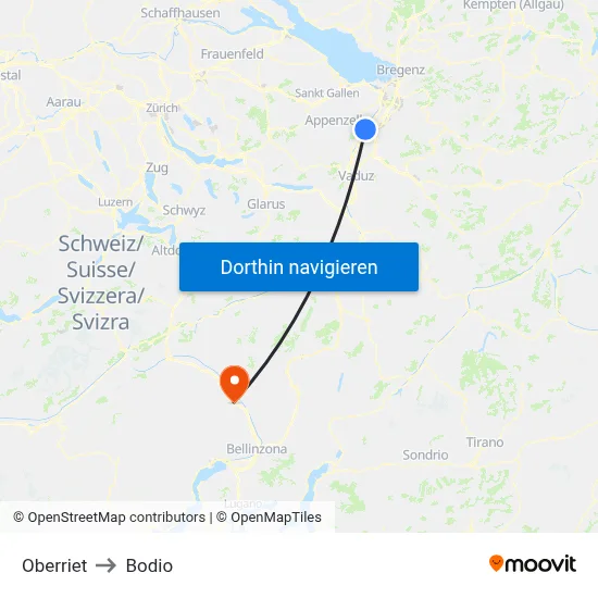 Oberriet to Bodio map