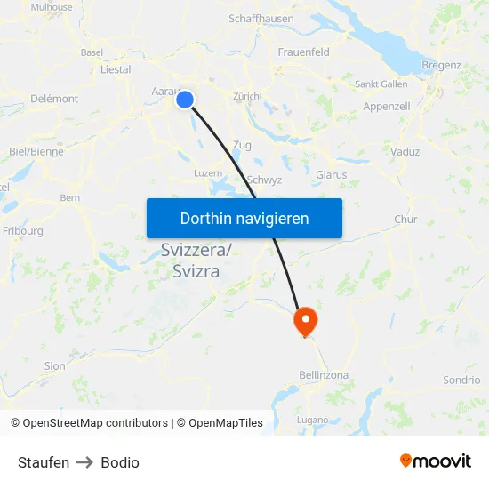 Staufen to Bodio map