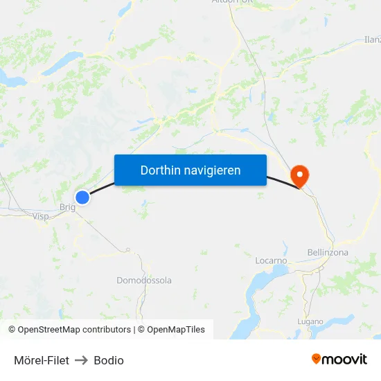 Mörel-Filet to Bodio map