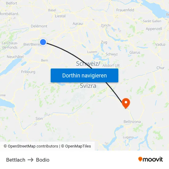 Bettlach to Bodio map