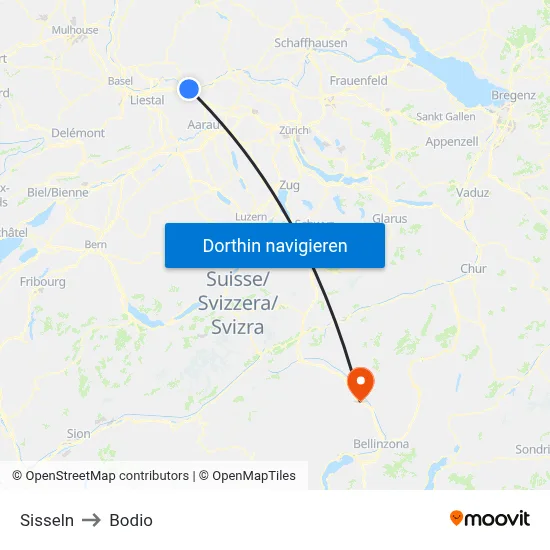 Sisseln to Bodio map