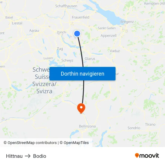 Hittnau to Bodio map